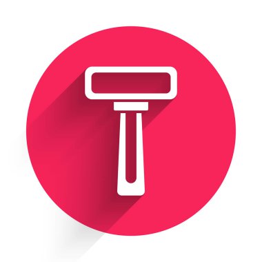 Uzun gölgeli beyaz tıraş bıçağı simgesi. Kırmızı daire düğmesi. Vektör.