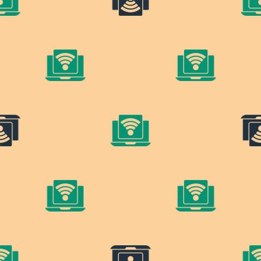 Yeşil ve siyah kablosuz dizüstü bilgisayar simgesi bej arka planda izole edilmiş. İnternet kavramının kablosuz bağlantısı. Vektör.