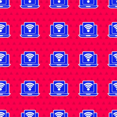 Mavi kablosuz dizüstü bilgisayar simgesi kırmızı arkaplanda izole edilmiş. İnternet kavramının kablosuz bağlantısı. Vektör.