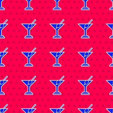 Mavi Martini cam ikonu kırmızı arka planda izole edilmiş kusursuz desen. Kokteyl ikonu. Şarap kadehi ikonu. Vektör.
