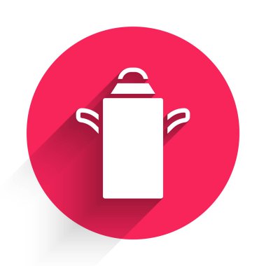 Süt ikonu için uzun gölgeli beyaz konteynır. Kırmızı daire düğmesi. Vektör.