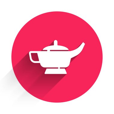 Beyaz sihirli lamba ya da Aladdin lamba ikonu uzun gölgeli. Dilek için ruhani lamba. Kırmızı daire düğmesi. Vektör.