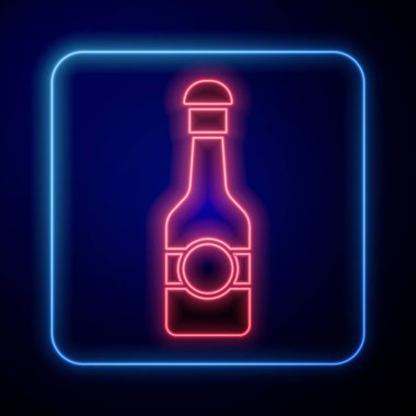 Parlayan neon şampanya şişesi ikonu mavi arka planda izole edilmiş. Mutlu Noeller ve mutlu yıllar. Vektör.