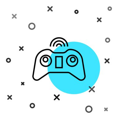 Beyaz arkaplanda siyah çizgi kablosuz oyun alanı simgesi izole edildi. Oyun kontrolörü. Rastgele dinamik şekiller. Vektör İllüstrasyonu.