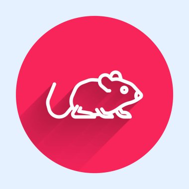 Beyaz çizgi sıçan ikonu uzun gölgeli izole edilmiş. Fare işareti. Hayvan sembolü. Kırmızı daire düğmesi. Vektör.