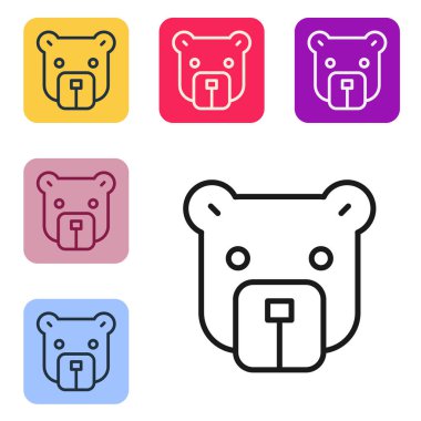 Siyah çizgi ayı başı simgesi beyaz arkaplanda izole edildi. Renkli kare düğmelerle simgeleri ayarla. Vektör.