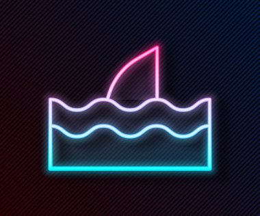 Okyanus dalgası ikonunda parlayan neon hattı köpekbalığı yüzgeci siyah arkaplanda izole edildi. Vektör.