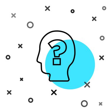 Beyaz arka planda soru işareti simgesi olan siyah çizgi insan kafası. Rastgele dinamik şekiller. Vektör.