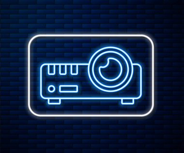 Parlak neon hattı sunumu, film, film, medya projektörü ikonu tuğla duvar arka planında izole edildi. Vektör.