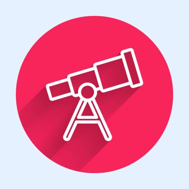 Beyaz çizgi Teleskop simgesi uzun gölgeli izole edildi. Bilimsel bir alet. Eğitim ve astronomi elementi, dürbün ve çalışma yıldızları. Kırmızı daire düğmesi. Vektör.