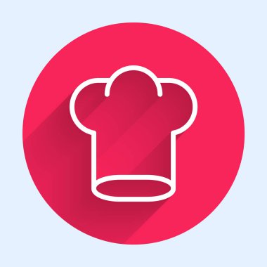 Beyaz çizgi aşçı şapkası simgesi uzun gölgeli izole edilmiş. Aşçılık sembolü. Aşçı şapkası. Kırmızı daire düğmesi. Vektör.