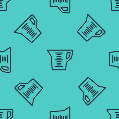 Kuru ve sıvı yiyecek ikonunu ölçmek için siyah çizgi ölçme kabı yeşil arka planda izole edilmiş pürüzsüz desen. Plastik şişenin sapı var. Vektör.