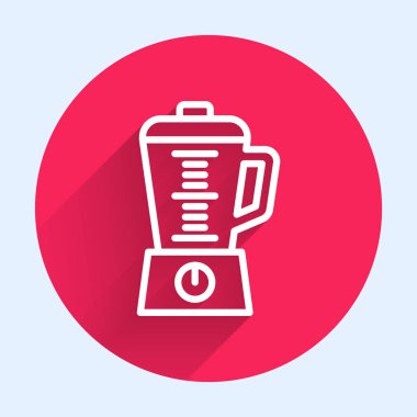Beyaz çizgi karıştırıcı simgesi uzun gölgeli izole edilmiş. Mutfak elektrikli kırıcı ve kase. Meyve suyu, kokteyl ya da meyve suyu. Kırmızı daire düğmesi. Vektör.