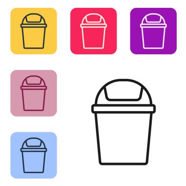 Siyah çizgi Çöp kutusu simgesi beyaz arkaplanda izole edildi. Çöp kutusu tabelası. Sepet simgesini geri dönüştür. Ofis çöpü ikonu. Renkli kare düğmelerle simgeleri ayarla. Vektör.