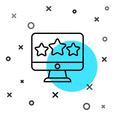 Siyah çizgi Beş yıldızlı müşteri ürün değerlendirme simgesi beyaz arkaplanda izole edildi. Favori, en iyi derecelendirme, ödül sembolü. Rastgele dinamik şekiller. Vektör.