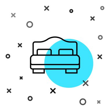 Siyah çizgi otel odası yatak ikonu beyaz arka planda izole edilmiş. Rastgele dinamik şekiller. Vektör.