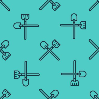 Siyah çizgi kürek ikonu yeşil arka planda kusursuz desen izole etti. Bahçe aletleri. Bahçecilik, tarım, çiftçilik aleti. Vektör.