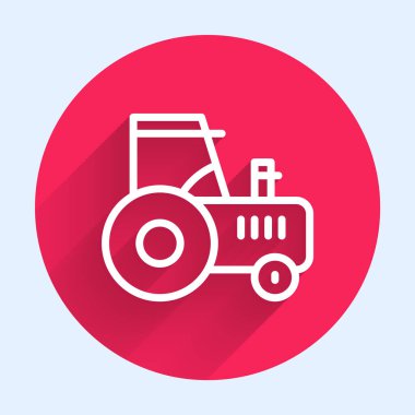 Beyaz çizgi traktör ikonu uzun gölgeli izole edildi. Kırmızı daire düğmesi. Vektör.