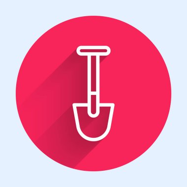 Beyaz çizgi kürek ikonu uzun gölgeli izole edilmiş. Bahçe aletleri. Bahçecilik, tarım, çiftçilik aleti. Kırmızı daire düğmesi. Vektör.