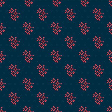 Sihirli simli simli kırmızı çizgi yıldızları siyah arkaplanda izole edilmiş kusursuz desen. Sihirli noel süsü. Vektör.