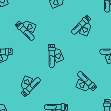 Aşk ikonu ikonuna sahip siyah çizgi şişesi yeşil arka planda izole edilmiş pürüzsüz desen. Sevgililer Günü sembolü. Vektör.