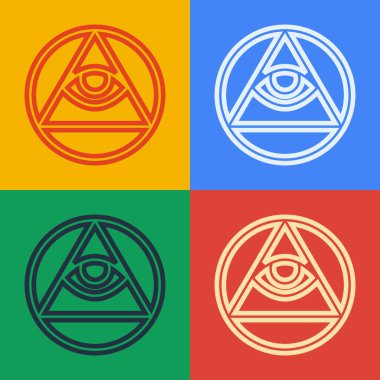 Pop sanat çizgisi Masonları Tanrı 'nın her şeyi gören ikonunun renk arkaplanına izole edilmiş sembolleri. Üçgendeki Tanrı 'nın Gözü. Vektör.