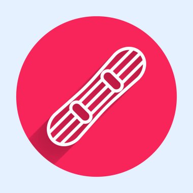 Beyaz çizgi Snowboard simgesi uzun gölgeli izole edilmiş. Snowboard tahtası ikonu. Olağanüstü bir spor. Spor malzemeleri. Kırmızı daire düğmesi. Vektör.