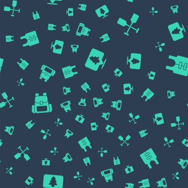 Ormanın yerini, Paddle 'ı, yürüyüş sırt çantasını ve can yeleğini pürüzsüz bir şekilde ayarla. Vektör.