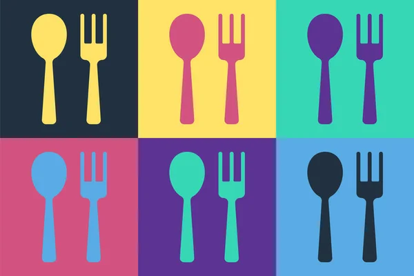 Pop art Fork and spoon icon isolated on color background. Cooking utensil. Cutlery sign.  Vector.