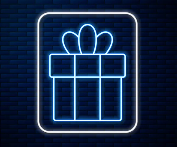 Glowing Neon Line Gift Box Icon Isolated Brick Wall Background — Stock Vector