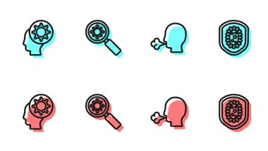 Hat Adam öksürme, insan ve virüs büyüteç altında Virüs ve kalkanları ikondan koruyor. Vektör.