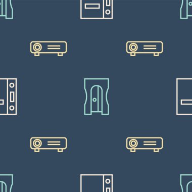 Satır Ofis dizinlerini, Film, Film, Medya Projektörü ve Kalem açacağını pürüzsüz desen üzerine ayarla. Vektör.