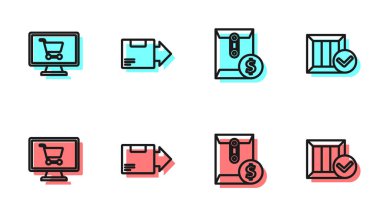 Dolar sembollü zarf, bilgisayarda alışveriş arabası, karton karton kutu ve tahta işaret simgesi. Vektör.