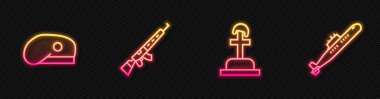 Asker mezarı, askeri bere, dürbünlü keskin nişancı tüfeği ve denizaltı. Parlayan neon ikonu. Vektör.