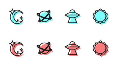 UFO uçan uzay gemisi, Ay ve yıldızlar, gezegenin yörüngesindeki uydular ve güneş ikonu. Vektör.