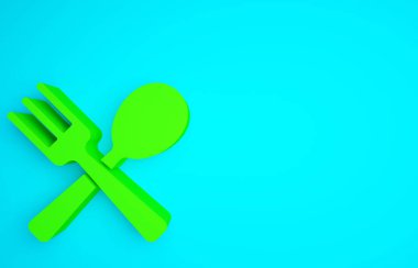 Mavi arka planda yeşil çatal ve kaşık ikonu var. Mutfak aletleri. Çatal bıçak seti. Minimalizm kavramı. 3d illüstrasyon 3B canlandırma.