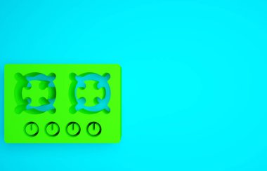 Mavi arkaplanda yeşil gaz sobası simgesi izole edildi. Mutfak tabelaları. Dört daire ocağı olan bir hob. Minimalizm kavramı. 3d illüstrasyon 3B canlandırma.