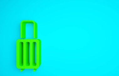 Seyahat simgesi için yeşil bavul mavi arkaplanda izole edildi. Seyahat bagaj tabelası. Seyahat bagaj ikonu. Minimalizm kavramı. 3d illüstrasyon 3B canlandırma.