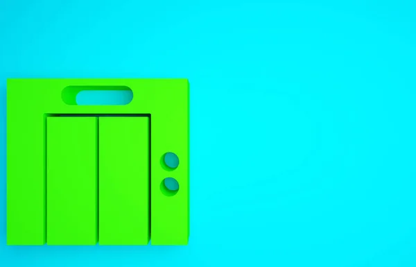 绿色电梯图标隔离在蓝色背景 电梯的符号 最低纲领的概念 3D渲染3D插图 — 图库照片