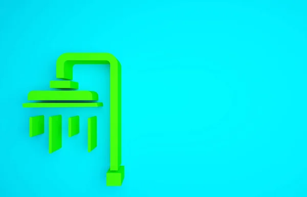 青の背景にアイコンを流れる水滴と緑のシャワーヘッド 最小限の概念 3Dイラスト3Dレンダリング — ストック写真