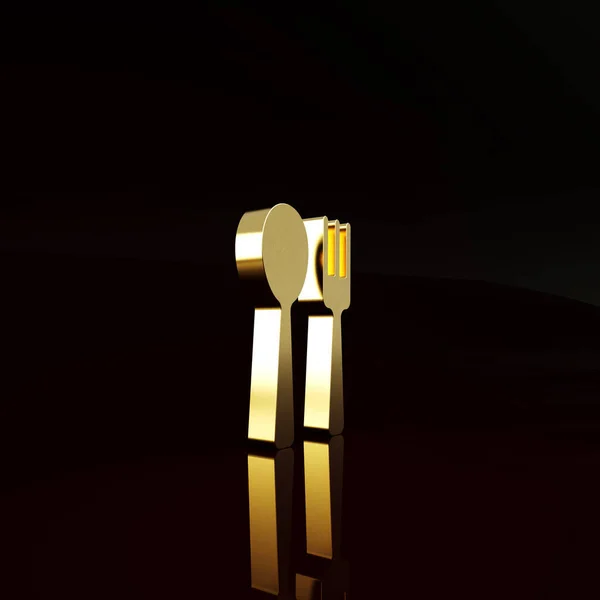 茶色の背景に孤立した金のフォークとスプーンのアイコン 調理器具 かわいいサインだ 最小限の概念 3Dイラスト3Dレンダリング — ストック写真