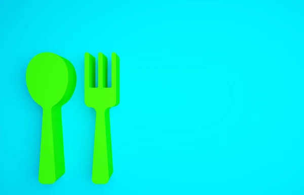 Ikona Zelená Vidlička Lžička Izolované Modrém Pozadí Nádobí Vaření Znamení — Stock fotografie