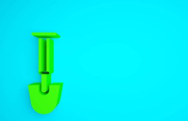 Mavi arkaplanda yeşil kürek simgesi izole edildi. Bahçe aletleri. Bahçecilik, tarım, çiftçilik aleti. Minimalizm kavramı. 3d illüstrasyon 3B canlandırma.