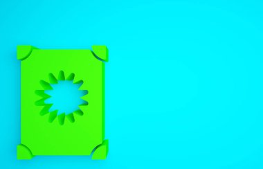 Üzerinde simya tarifleri, mistik büyüler ve mavi arka planda izole edilmiş büyü simgeleri olan Yeşil Kadim büyü kitabı. Minimalizm kavramı. 3d illüstrasyon 3B canlandırma.