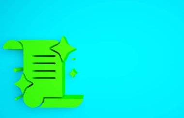 Üzerinde simya tarifleri, mistik büyüler ve mavi arka planda izole edilmiş büyü simgeleri olan Yeşil Kadim büyü kitabı. Minimalizm kavramı. 3d illüstrasyon 3B canlandırma.