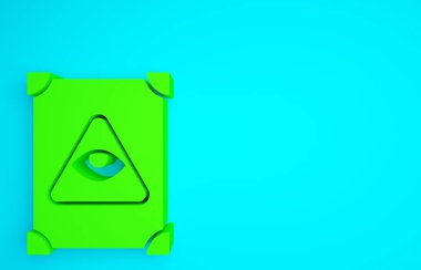 Üzerinde simya tarifleri, mistik büyüler ve mavi arka planda izole edilmiş büyü simgeleri olan Yeşil Kadim büyü kitabı. Minimalizm kavramı. 3d illüstrasyon 3B canlandırma.