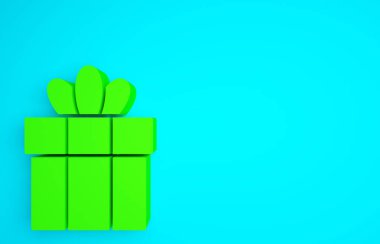 Mavi arkaplanda yeşil hediye kutusu simgesi izole edildi. Mutlu Noeller ve mutlu yıllar. Minimalizm kavramı. 3d illüstrasyon 3B canlandırma.