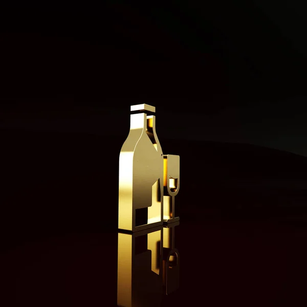 Gouden Wijnfles Met Glazen Pictogram Geïsoleerd Bruine Achtergrond Minimalisme Concept — Stockfoto