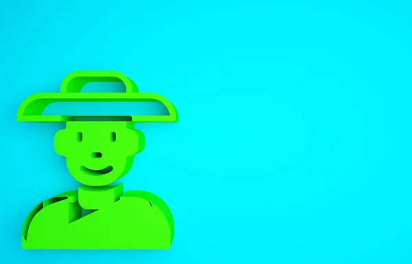 Green Farmer in the hat icon isolated on blue background. Minimalism concept. 3d illustration 3D render.