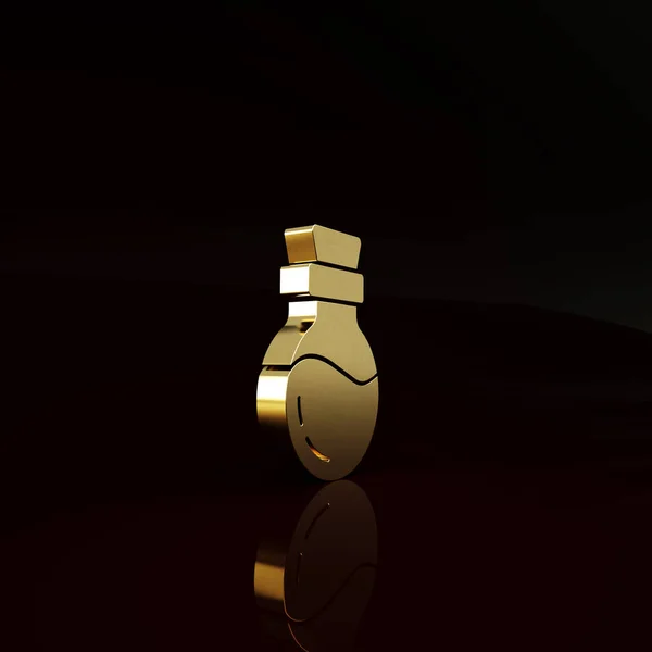 Gold Bottle with potion icon isolated on brown background. Flask with magic potion. Happy Halloween party. Minimalism concept. 3d illustration 3D render.